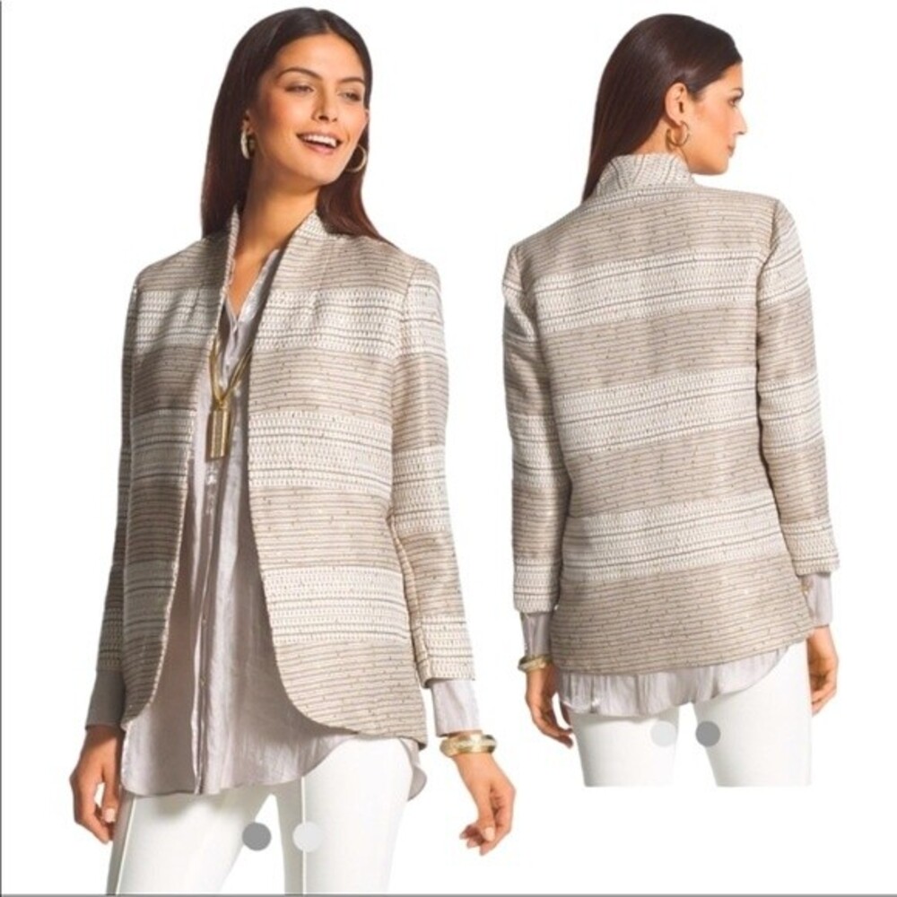 Chico's Sequin Texture 3/4 Sleeve Jacket in Neutral S NWT